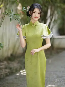 2023 Ново подобрено винтажное елегантна рокля Чонсам за момичета с ръкав-тръба, тънка традиционните китайски рокля Ципао средна дължина