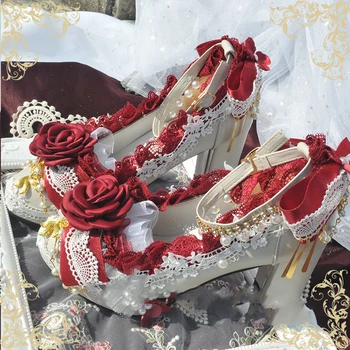 Дамски обувки на висок ток в стил Лолита, китайски стил, фантазийный розово лък, cosplay, подпори за партита, лятна рокля, червени обувки на принцесата