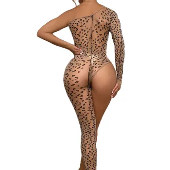 Секси леопардовое бельо с дълъг ръкав, еротични комплект костюми, костюм, боди на спагети презрамки, дамски секси костюми, модни чорапогащи в стил момиче