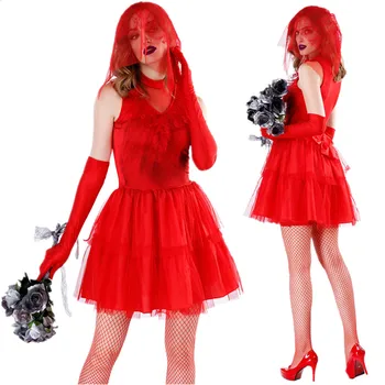Секси червен костюм на булката с привидением на ужасите за възрастни жени, Хелоуин, cosplay, булката рокля на Зомби-вампири