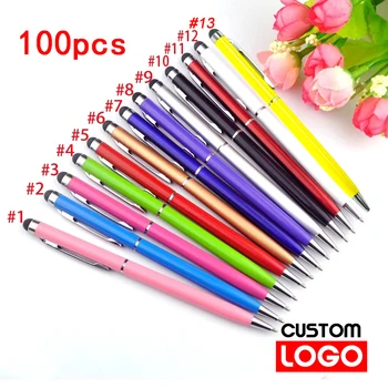 100 опаковки 13-цветни мини-метална писалка 2-в-1, универсална химикалка писалка с потребителски лого, текст гравиране, офис училищна рекламни дръжка