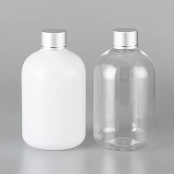 10шт 300 мл Празни бели прозрачни бутилки Сребърна капачка за шампоан, душ гел, крем, контейнер за течности, бутилки за грим за еднократна употреба