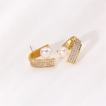 14К златен цвят, за да се запази прост геометричен перли, цирконий S925, сребърни обеци-игли, аксесоари за жени