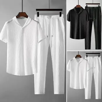 2 бр. /компл., отложной яка, еластичен колан, плиссированный случайни облекло, риза с къс ръкав, дълги панталони на съвсем малък, комплект мъжки дрехи