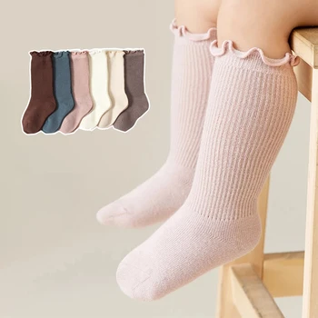 2 чифта Детски Чорапи до Коляното с волани за деца, Дълги Меки Памучни Чорапи За малки Момичета, Есенно-Зимна Обикновена Чорапи За Новородено, Комплект За Малки Момичета