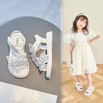 2022 Обувки на принцесата, спортни сандали за момичета, летни плажни сандали за децата, мода обувки на плоска подметка с кристали и цветя модел от 3 до 12 години