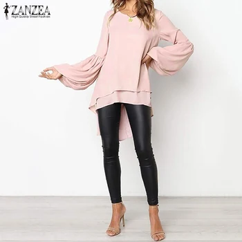 2023 ZANZEA, модни топове с пищни ръкави, женствена асиметрична блуза, елегантни, ежедневни многослойни блузы, дамски блуза-туника