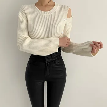 2023 Елегантен малко по-секси вязаный пуловер копчета с открити рамене и дълъг ръкав, женски есента модерен корейски женски пуловер с кръгло деколте