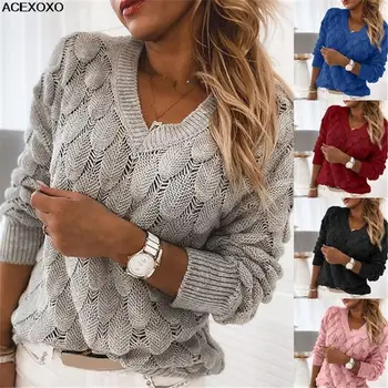 2023, женски вязаный пуловер с дълги ръкави в комплект с V-образно деколте дамски свободна риза от пера
