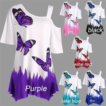2023 Летни дамски ежедневни ризи с принтом пеперуди, нередовен топ с едно рамо, женски-големи горещи свободни тениски