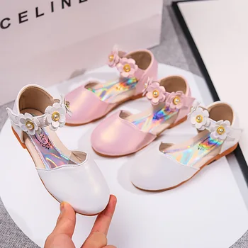 2023 Лятна детска парти, обикновена розови сандали за момичета, детски мода с цветен модел, нескользящие прости обувки на принцесата върху плоска подметка