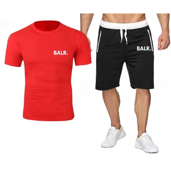 2023 лятна Нова Мъжка Тениска от чист Памук, с принтом BALR с кръгло деколте + Спортни къси Панталони, с високо качество Всекидневни Комплекти от Две части