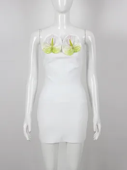 2023 Лятото секси рокля без презрамки с цветя, бяло дебнещ бандажное рокля midi, елегантен клуб рокля за парти