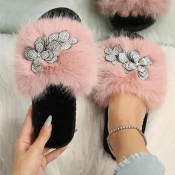 2023 Модни дамски домашни чехли на равна подметка с кристали, пикантен дамски чехли с отворени пръсти, нова домашна кожа топла нескользящая дамски обувки за почивка