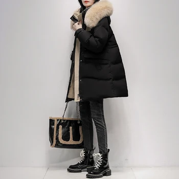 2023 Нов зимен модерен бял утиный пух средно дълга, удебелена корейската версия, свободен дизайн с качулка, палто с кожа яка голям размер A15