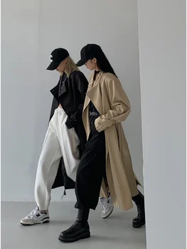 2023 Нов пролетно-есенен черен дълъг тренч с висока деколте, висококачествено дамско палто на допир