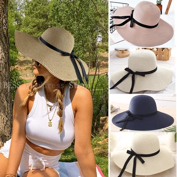 2023 Открийте проста сгъваема сламена шапка с широка периферия за момичета, солнцезащитная шапка, плажна дамска лятна шапка, пътна шапка с защита от uv, дамска шапка, дамски
