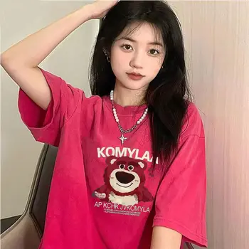 2023 Памучен тениска с американския ягоди мече с къси ръкави за момичета, лятна корейската версия на свободните потници Y2K