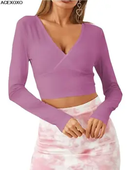 2023 Секси тениска с V-образно деколте върху гърдите с дълъг ръкав и пъпа за нощен клуб, завязанная на гърдите