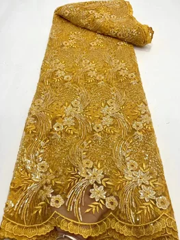2023 Френската класическа златна дантела, плат с пайети, африканска луксозна лейси тъкани от тюл, ръчно изработени, расшитая мъниста, Нигерия за сватбени облекла, рокли