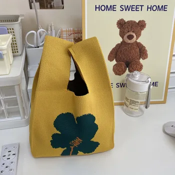 2023 Японската вязаная чанта за родители и деца, сладко малко тканая чанта с цвете, дамски модерна чанта през рамо