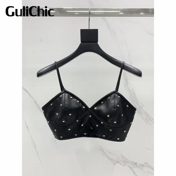 3.18 GuliChic/ модни секси дамски черна къса риза на спагети презрамки с нитове 