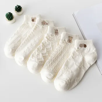 5 чифта летни женските чорапи с мультяшными животни, висококачествени бродирани бели чорапи със заек, абсорбиращи потта, устойчиви на аромата