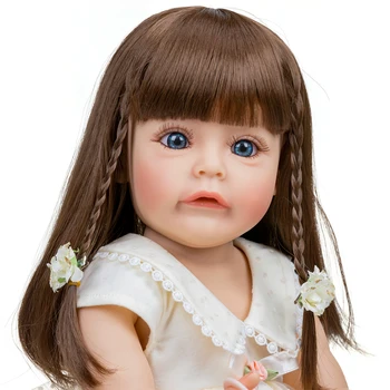 55 см Силиконова Кукла Bebe Reborn за Деца с цялото Тяло, Ръчно Рисувани с Кафяви Дълга Коса от Перука за Детски Коледен Подарък