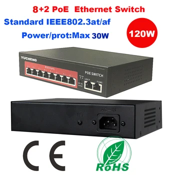 8-Канален Порт POE 120 W Ethernet комутатор IEEE802.3 at/af 10 Порт 8 + 2 POE Инжектор Захранване през Ethernet комутатор