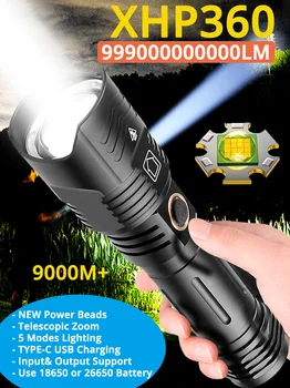 99000000LM на най-мощните led фенерче 1000 W USB с телескопическим увеличение XHP360, тактически фенер, 9000 м, далечен вход/изход