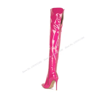 Abesire/ Розови Ботуши Над Коляното с цип отзад, Ботуши изработени от лачена кожа, Дамски Обувки на Висок Ток, е Нова Мода, Zapatillas Mujer