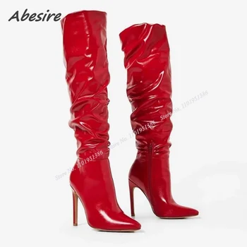 Abesire/ Червен Плисе Ботуши с цип отстрани, Ботуши над Коляното от Лачена кожа, Дамски Обувки на тънък ток, Zapatillas Mujer