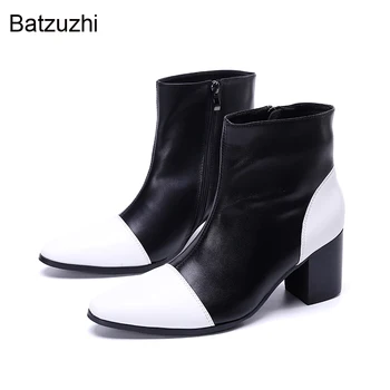 Batzuzhi/ Мъжки обувки на Висок ток 7,5 см, Черни, Бели Ботильоны от Естествена Кожа, Мъжки Обувки за партита и Сватби, за Мъже Индивидуалност Ръчно изработени