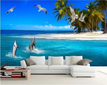 beibehang Индивидуални модерни, стилни тапети papel de parede делфин играе с вода кокосова палма чайка морски фон