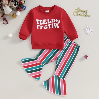 BeQeuewll / есен дрехи за малките момичета, блузи с писмото принтом, панталони-клеш райе/клетка/с принтом Дядо Коледа, комплект коледно облекло от 2 теми