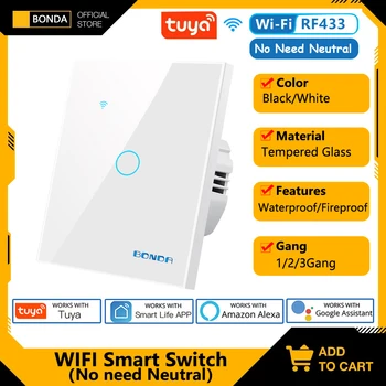 BONDA Smart Switch Wifi RF433 Без Неутрален стандарт на ЕС Sasha Control Работи със сензорни ключове Алекса Google Home WiFi Smart Home