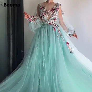 Booma 2022, зелени рокли за бала от тюл трапецовидна форма, с дълги ръкави, прозрачен силует, дантелени апликации, Макси-рокли с дължина до пода, вечерни рокли