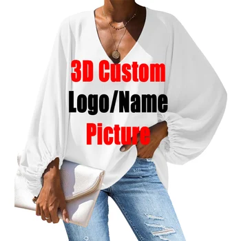 CJLM 3D Принт, Ежедневни Свободна Риза С Дълъг Ръкав, Блузи С V-образно деколте, Модел /име, Ретро Блуза, Негабаритная Блуза С Изгорени ръкави, Жените Риза