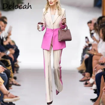 Delocah 2021, зимна женски модерен комплект панталон за модния подиум, тънка яке + дълги панталони с принтом с висока талия, 2 костюма-wild