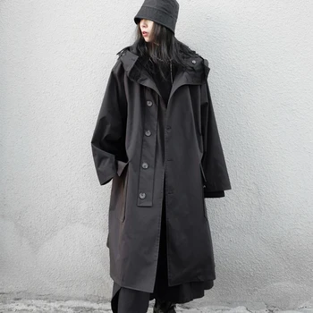 Demisezonnyj дълъг черен тренч оверсайз с качулка тъмно академични цвят, эстетичная луксозен дизайнерски дрехи за жени 2022