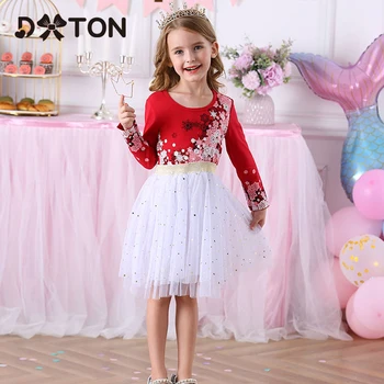 DXTON/ ново детско рокля с дълги ръкави за момичета, принцеса рокля с цветен аппликацией, празнична рокля за момичета, детски коледни костюми 2019 г.