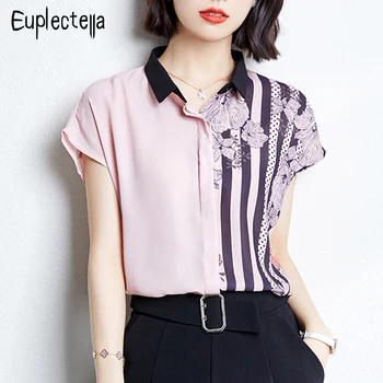 Euplectella/ дамски блузи на най-новия дизайн, ежедневни ризи с отложным яка в контрастен цвят с принтом, летни дрехи с къс ръкав, свободна