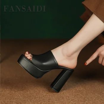 FANSAIDI / нови летни чехли на платформа, модни дамски обувки от естествена кожа, простота и елегантен масивен ток, водоустойчив секси ток