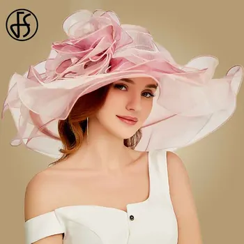 FS Розова дамска шапка-дерби от Кентъки, слънчеви шапки от органза, елегантни дамски филц шапки с големи широки поля, църковни филц шапки