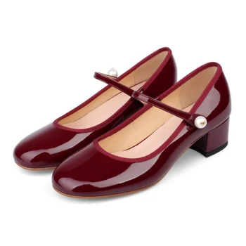 FXYCMMCQ/2023 г. Нови Пролетно-есенни женски тънки обувки Mary Jane от лачена кожа на среден ток с кръгло бомбе, Размер 33-43, H2041