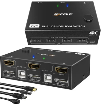 Gaming превключвател 4k @ 60Hz богат на функции на докинг станция Type-c KVM превключвател Адаптер-сплитер 2 Порта DP + HDMI KVM Swith USB-хъб с двоен дисплей