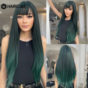 HAIRCUBE Дропшиппинг Дълги прави, тъмно-зелени изкуствени перуки за cosplay, с бретон, женски перуки за ежедневна употреба, топлоустойчива перуки