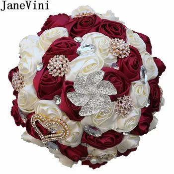 JaneVini fleur artificielle Бордо булчински букет, сватбена кристални, с кристали, сатен на цветя, Луксозни Царски син букети за булката