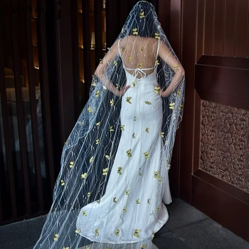 JaneVini Елегантни корейски дантелени фаты за младоженци с гребен ръчно изработени 3D Жълта пеперуда 1-нива воали за булката Сватбени аксесоари за катедралата