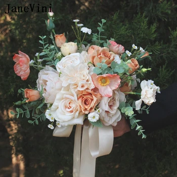 JaneVini Елегантни пролетни ръчно изработени сватбени букети, шампанско, копринени рози, букет от изкуствени цветя за булката, булчински аксесоари